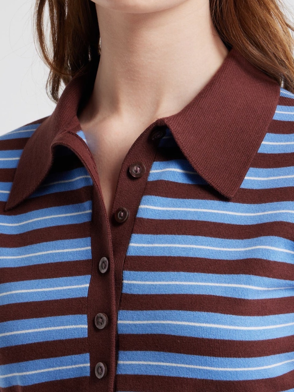 NWT Reformation 🤎💙 Bentley Crop Polo Sweater in Mahogany Multi Strip - Picture 4 of 14